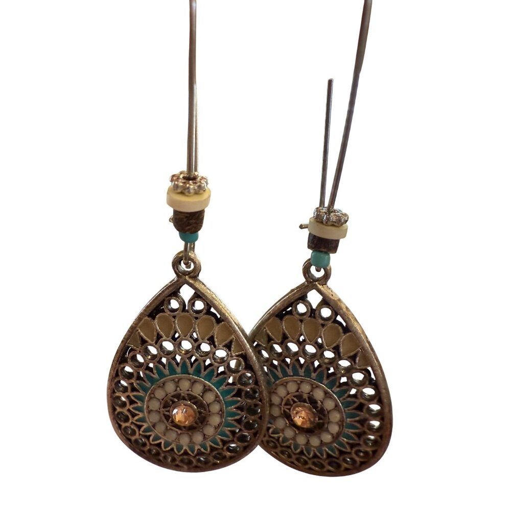 Boho Chic Teardrop Earrings With Turquoise & White Beads Antique Gold Finish Lig